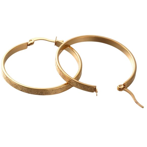 1 3/8 Inch 35mm Shell Hoop Pierced Post Earrings Gold Tone - Picture 3 of 6